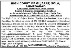 High Court Of Gujarat Recruitment for 276 Stenographer Grade-III Post 2018
